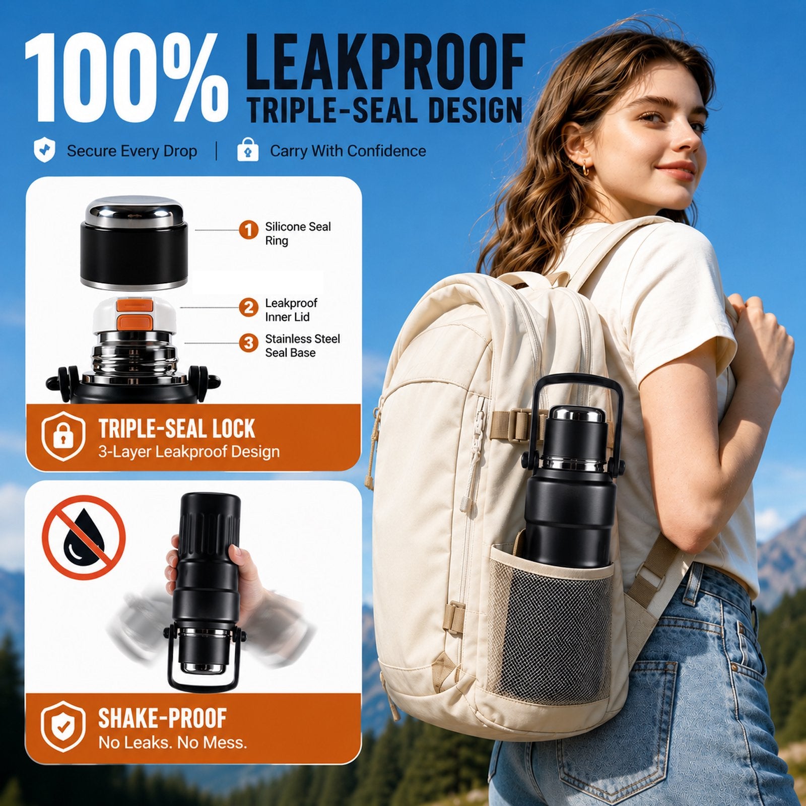 3-in-1 Insulated Water Bottle, 34oz Leakproof Stainless Steel Thermos with Straw & Spout Lid, 316 Stainless Steel Interior, Handle & Adjustable Strap for Work, Gym, Travel & Hot or Cold Drinks