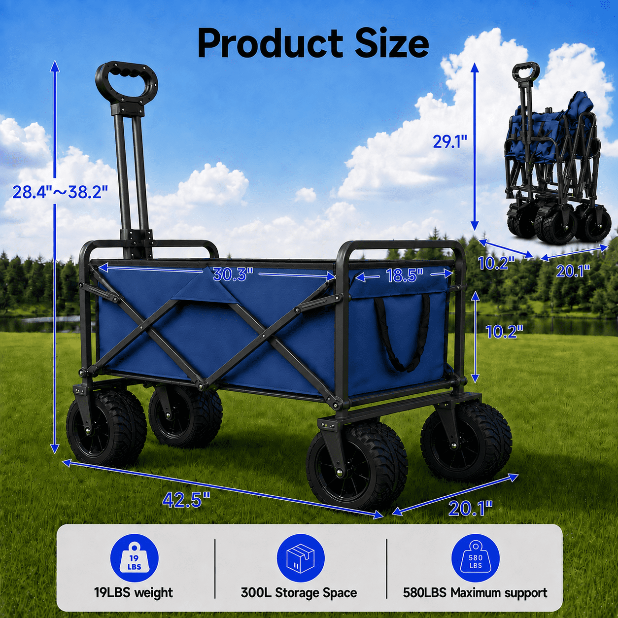 ANSFIL Collapsible Wagon with Wheels, Wagons Carts Foldable Wagon Cart with Flexible Handle, Folding Utility Heavy Duty Wagons Carts for Grocery Shopping Garden，Blue