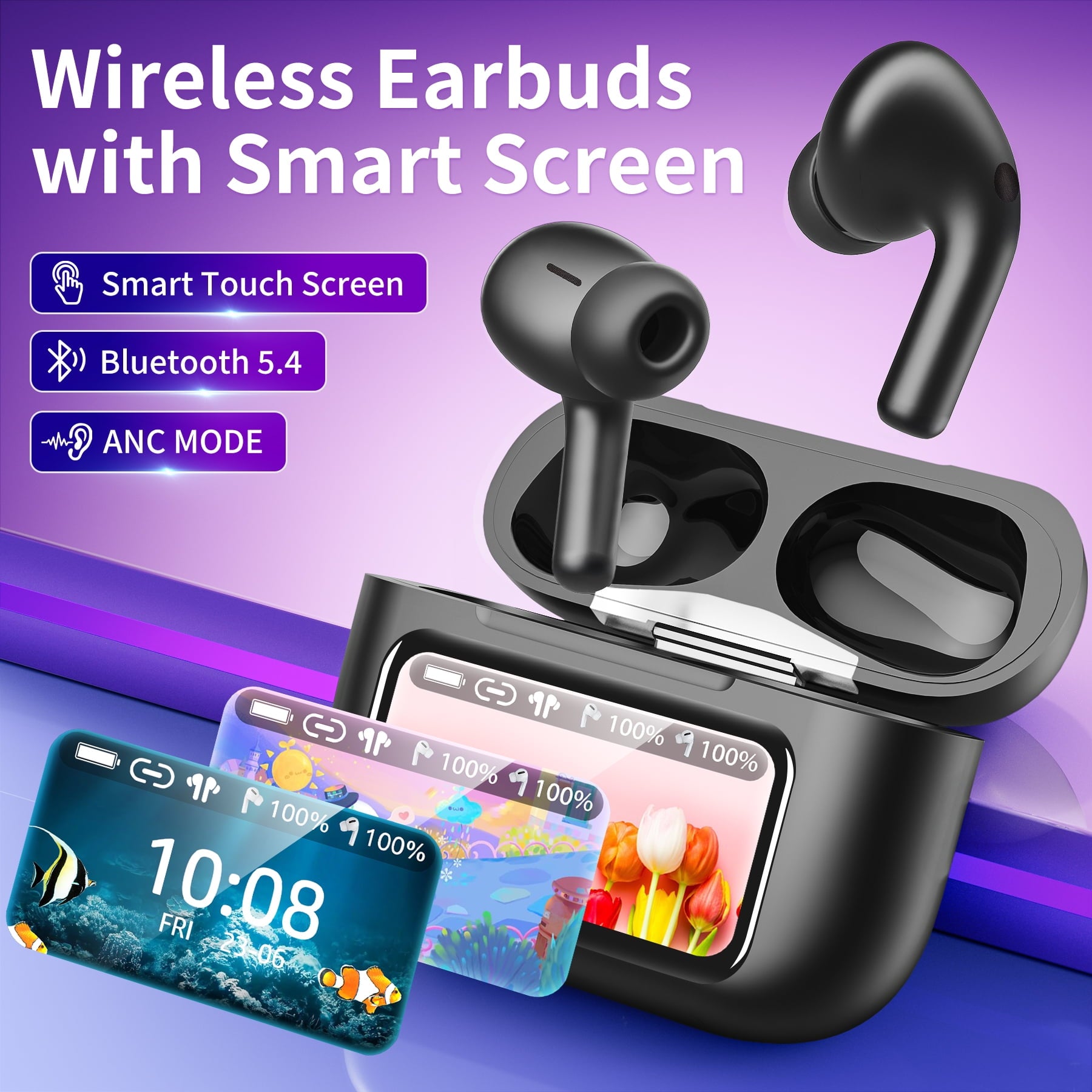 STA Wireless Earbuds, Bluetooth 5.4 Ear Buds with Multifunctional Touch Screen, ANC/ENC Noise Cancelling Headphones with 70H Playtime, Bass Stereo Sound, for Laptop, Android/iOS, Pad