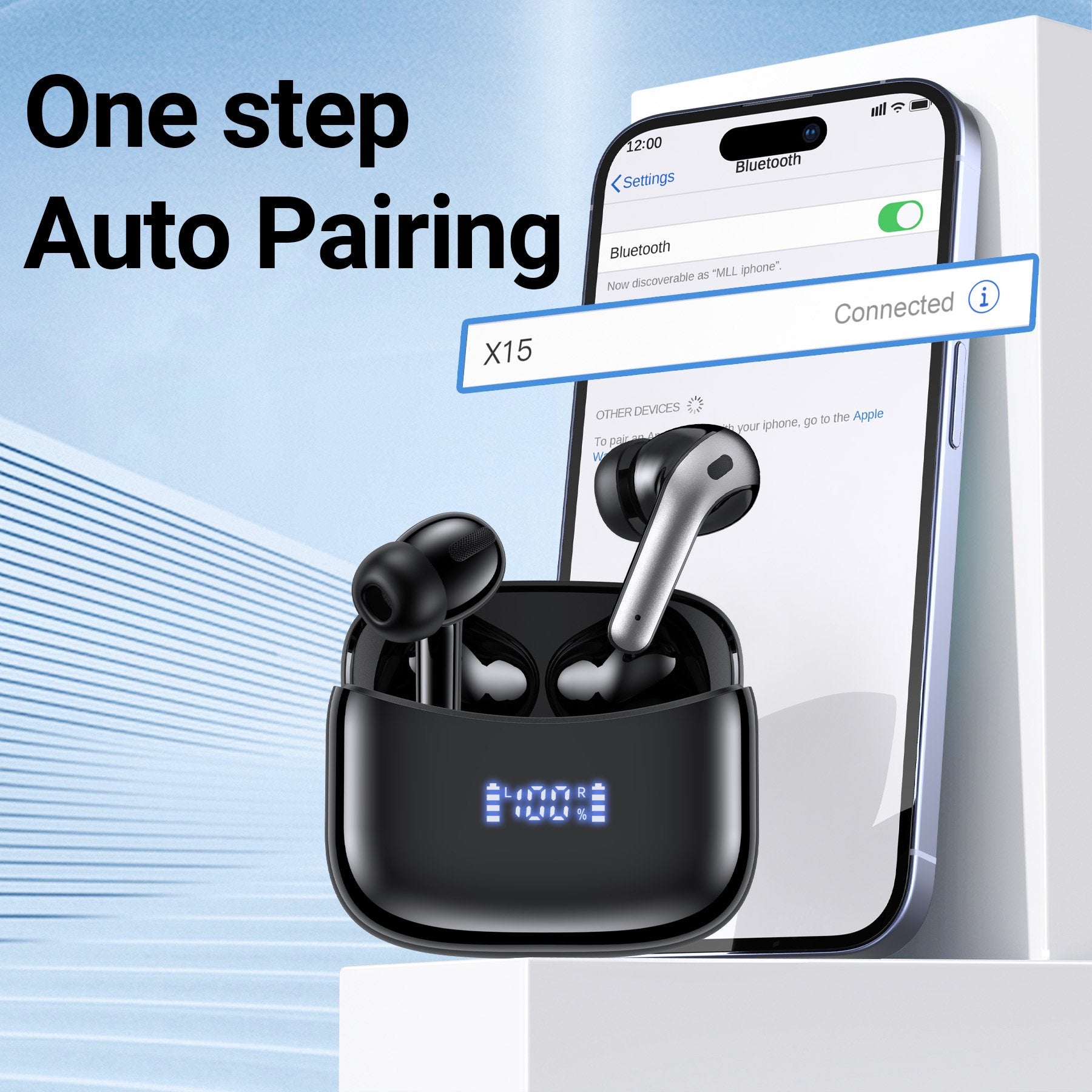 VEATOOL X15 Wireless Earbuds Bluetooth 5.3 Headphones,72H Hi-Fi Stereo Deep Bass Earphones with Noise Cancelling Mic IP7 Waterproof Sport Headset with LED Power Display for Laptop Pad Phones Black