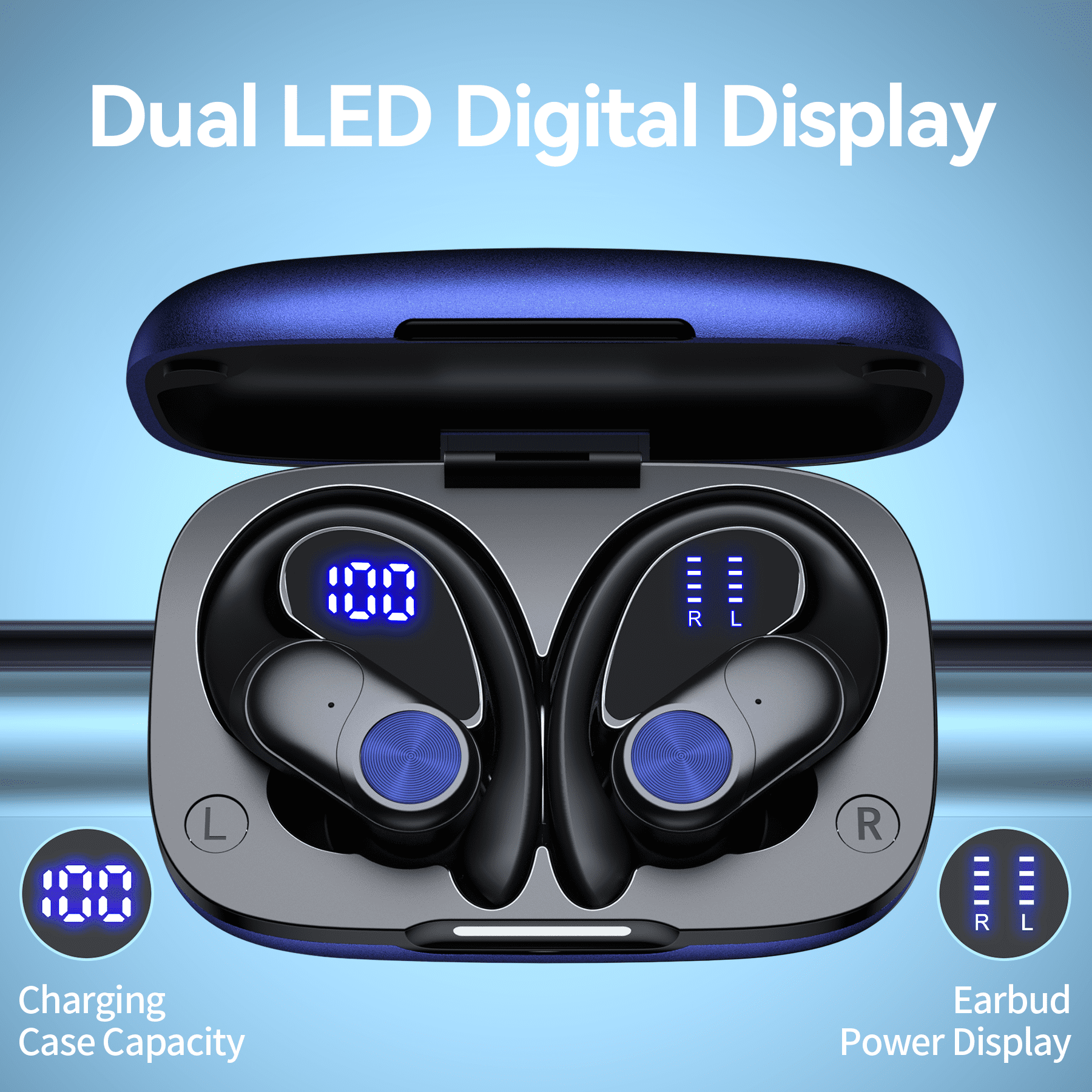 VEAT00L V6 Bluetooth Headphones Wireless Earbuds 88Hrs Playback Sport Ear Buds with Earhook Digital Display Charging Case IPX7 Waterproof Earbud Deep Bass Running Earphones for iOS Android Cellphone