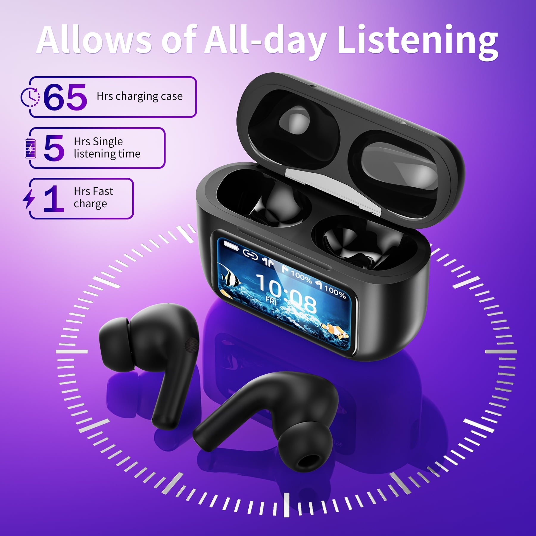 STA Wireless Earbuds, Bluetooth 5.4 Ear Buds with Multifunctional Touch Screen, ANC/ENC Noise Cancelling Headphones with 70H Playtime, Bass Stereo Sound, for Laptop, Android/iOS, Pad