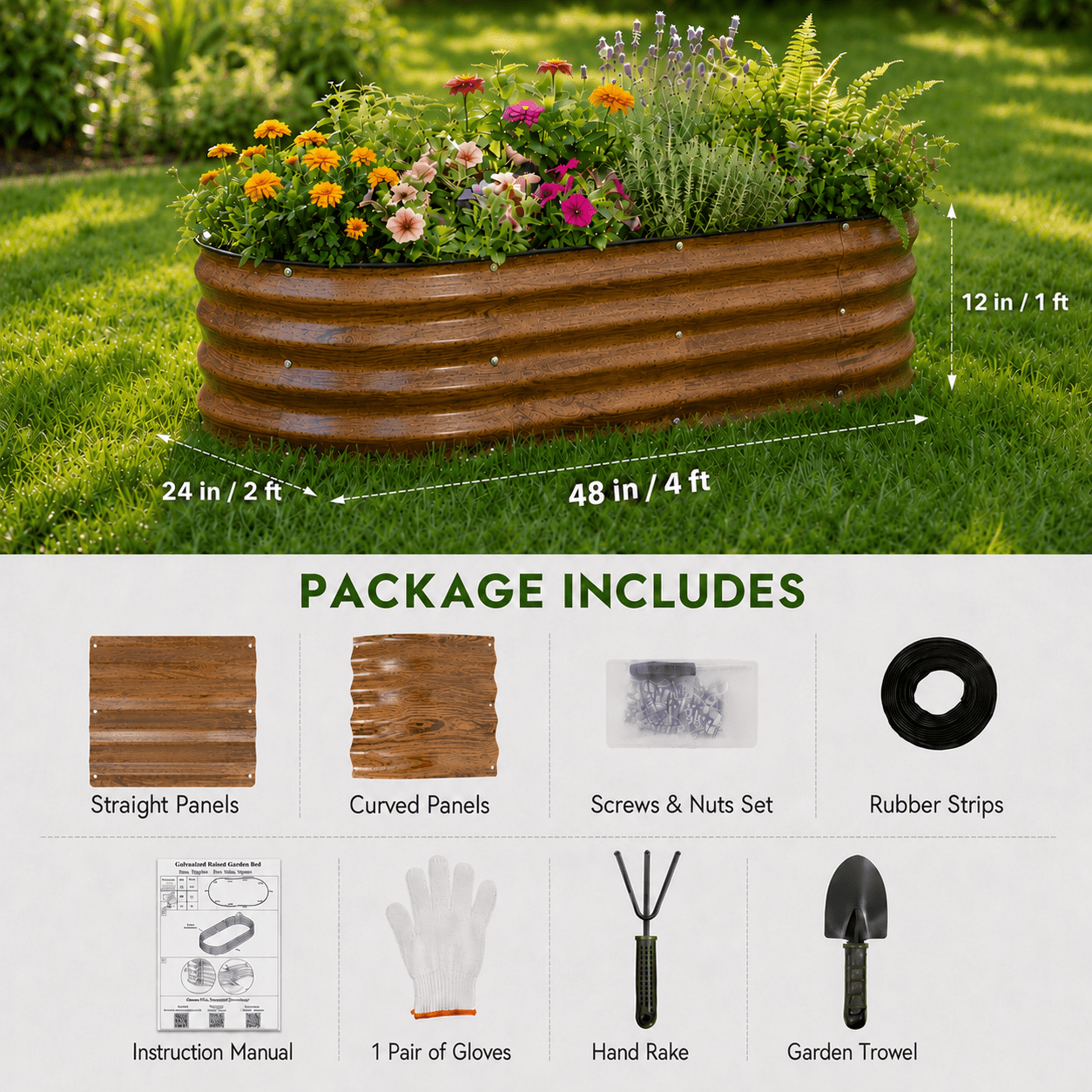 2 Pack 4x2x1 FT Galvanized Raised Garden Bed with Rubber Strip Edging, Metal Raised Planters Box for Gardening,Easy Assembly Garden Bed Kit,Brown